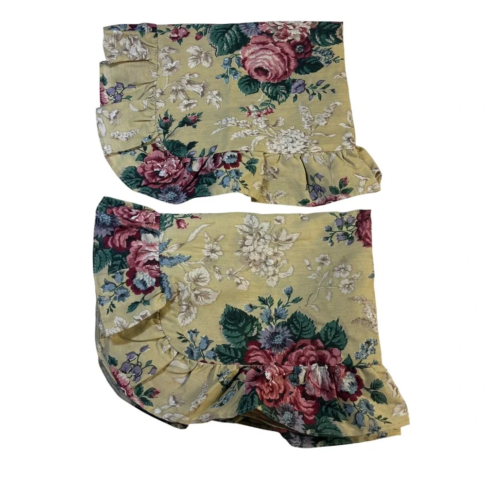 Yellow Floral Ruffled Pillow Shams Set of 2 Cottagecore Rose Print VTG